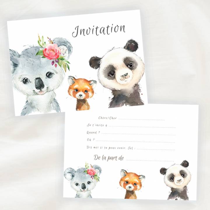 Lot 8 cartes d'invitation anniversaire enfant - Animaux Koala et Panda