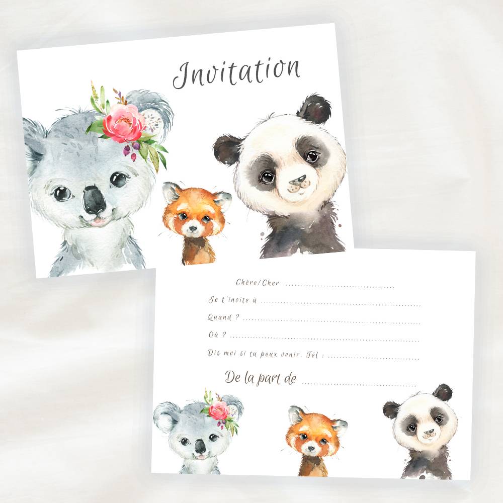 Lot 8 Cartes D Invitation Anniversaire Enfant Animaux Koala Et Panda