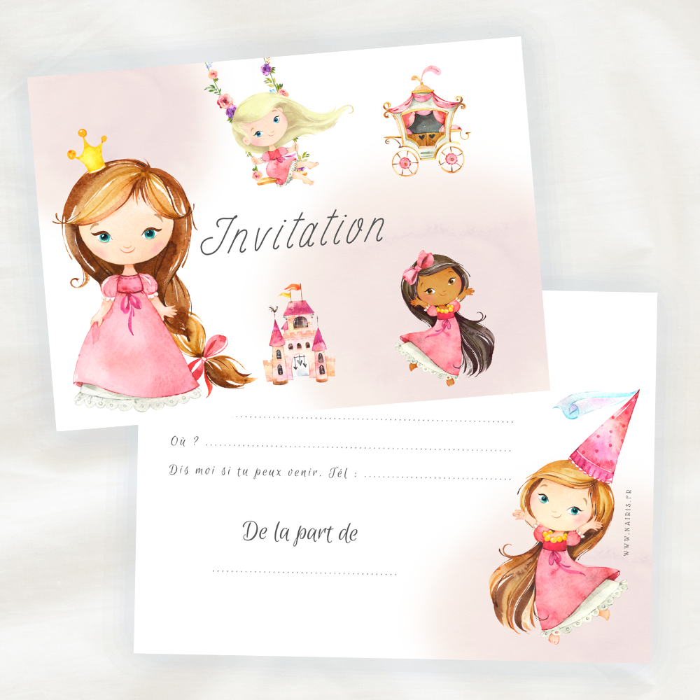 Lot de 8 cartes d'Invitation Anniversaire Enfant - Fille - Princesse en Aquarelle