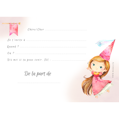 Lot de 8 cartes d'Invitation Anniversaire Enfant - Fille - Princesse en Aquarelle