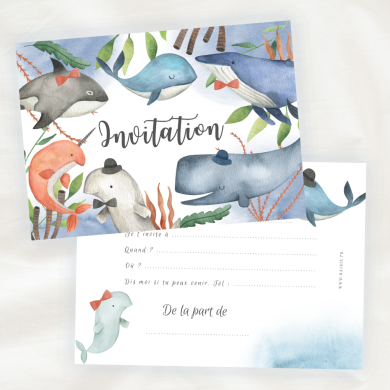 Lot de 8 cartes d'Invitation Anniversaire Enfant - Mixte Fille ou Garçon - Animaux de la mer en Aquarelle - Baleine - Dauphin