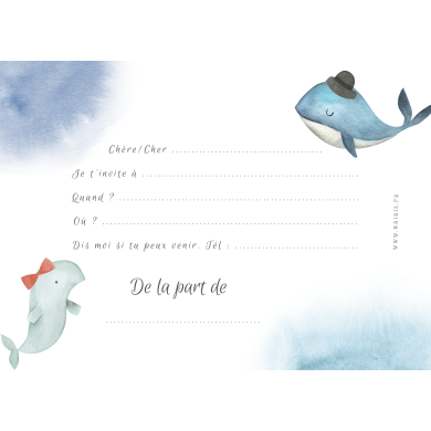 Lot de 8 cartes d'Invitation Anniversaire Enfant - Mixte Fille ou Garçon - Animaux de la mer en Aquarelle - Baleine - Dauphin