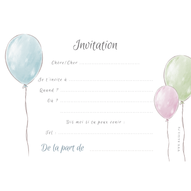 Lot de 8 cartes d'invitation anniversaire enfant - Fille - Animaux - Lapin sur fond rose avec des ballons en Aquarelle
