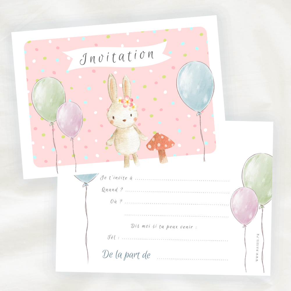 Lot de 8 cartes d'invitation anniversaire enfant - Fille - Animaux - Lapin  sur fond rose avec des