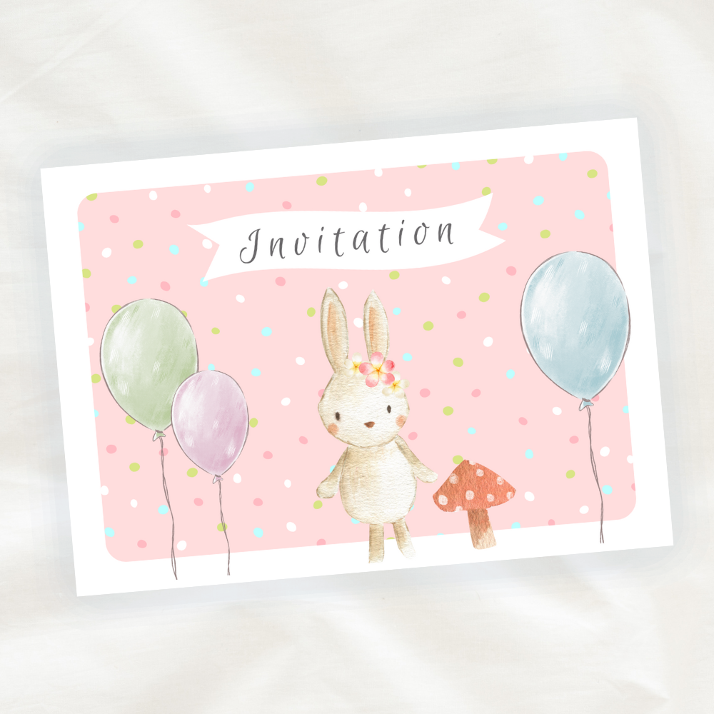 Lot de 8 cartes d'invitation anniversaire enfant - Fille - Animaux - Lapin  sur fond rose avec des