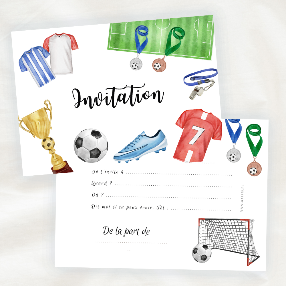 Lot de 8 cartes d'invitation anniversaire enfant - Mixte Fille ou Garçon - Football - Peinture en Aquarelle