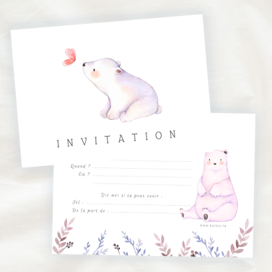 Lot de 8 cartes d'Invitation Anniversaire Enfant - Mixte - Animaux - Ours Blanc