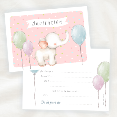 Lot de 8 cartes d'Invitation Anniversaire Enfant - Fille - Elephant en Aquarelle - Rose