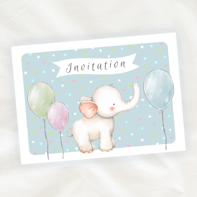Lot de 8 cartes d'Invitation Anniversaire Enfant - Garçon - Elephant en Aquarelle - Bleu