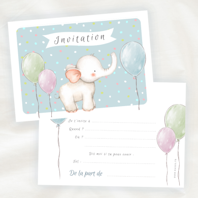 Lot de 8 cartes d'Invitation Anniversaire Enfant - Garçon - Elephant en Aquarelle - Bleu