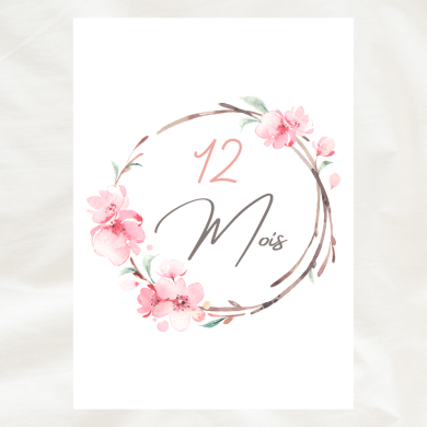 12 Cartes étapes Mois - La première année de bébé - Fleur Rose Sakura en Aquarelle