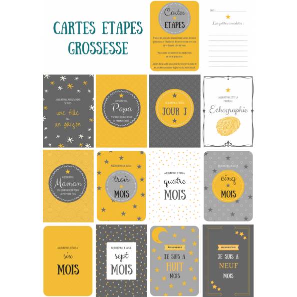 12 Cartes étapes - Grossesse - Thème étoile, Gris et jaune moutarde