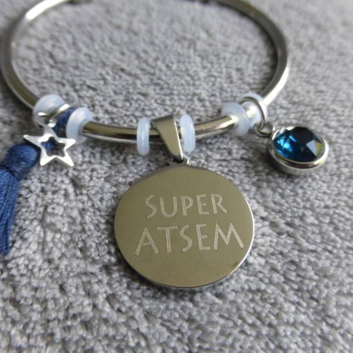 Bracelet Médaille Gravée "Super ATSEM" - Couleurs au choix